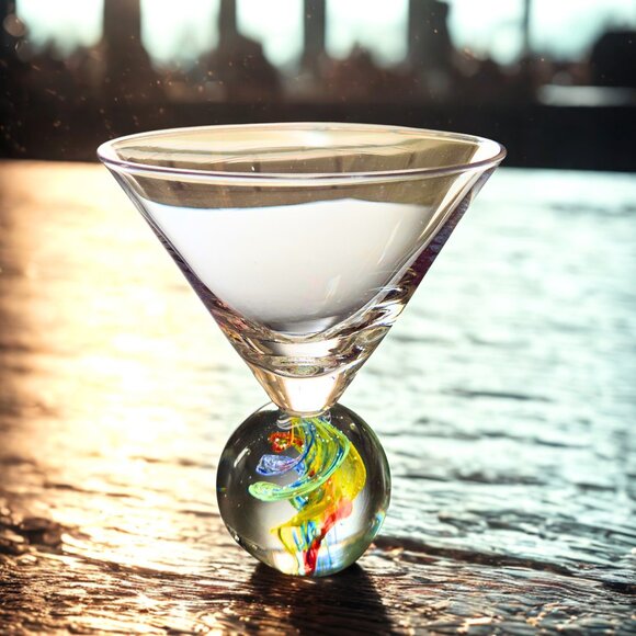 Hand Blown Cosmo Martini Glass SWIRL Bubble Ball Stem Murano Fasce Style - Picture 3 of 13
